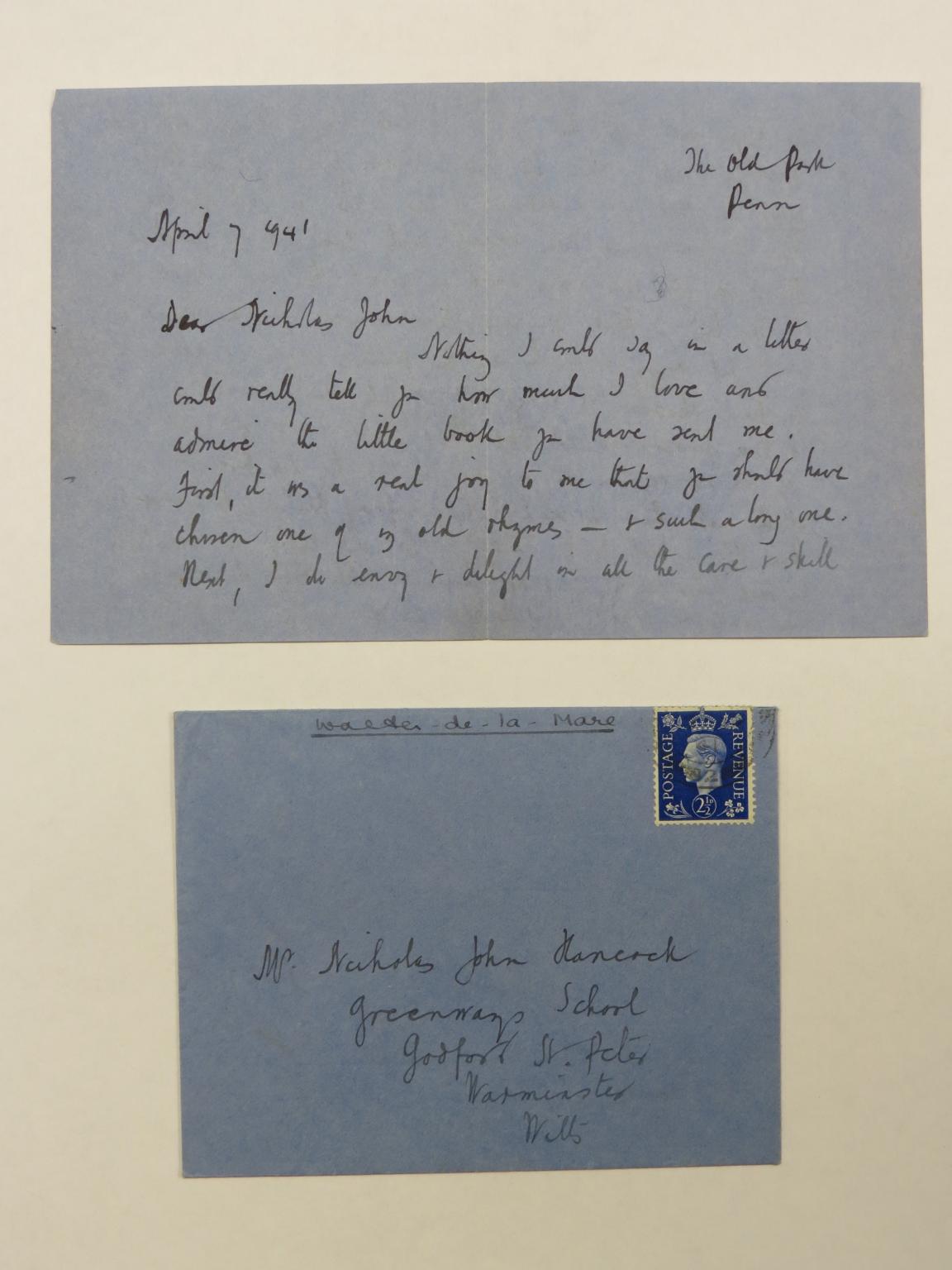 Appraisal: Walter de la Mare - - hand-written letter from Old