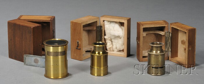 Appraisal: Three Boxed Brass Miniature Drum Microscopes late th century draw