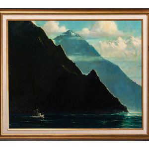 Appraisal: Scott McDaniel American - Boat with Mountains oil on Masonite