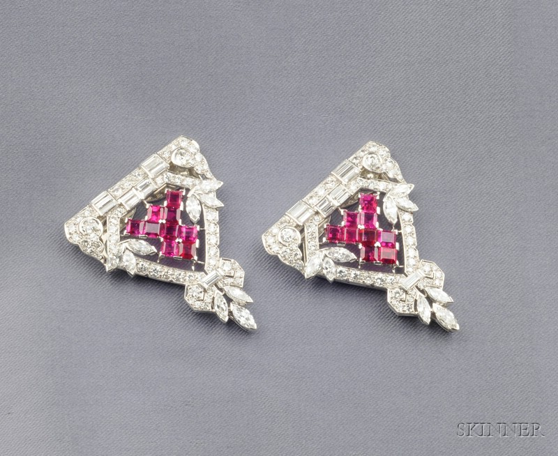 Appraisal: Art Deco Platinum Ruby and Diamond Dress Clips set with