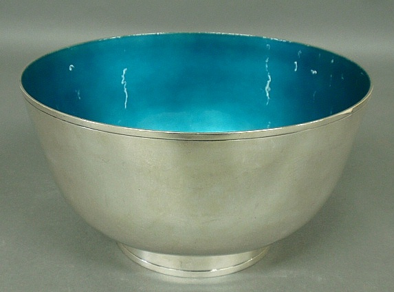 Appraisal: - Large sterling silver punchbowl by Towle with green enameled