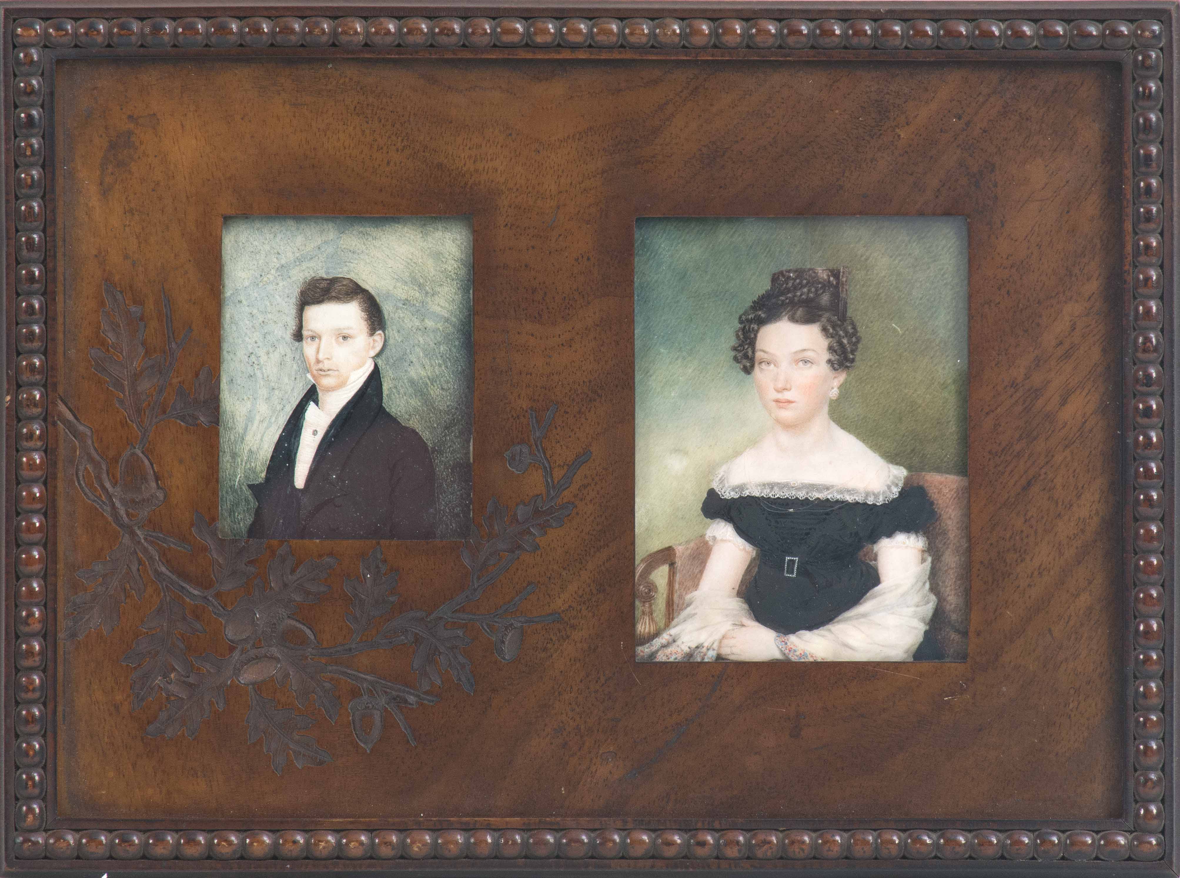 Appraisal: TWO MINIATURE PORTRAITS A young man and a young woman