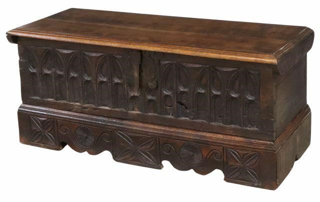 Appraisal: French Gothic Revival walnut storage trunk th c hinged top