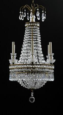 Appraisal: PAIR OF EMPIRE-STYLE CUT-GLASS AND GILT-METAL SIX-LIGHT CHANDELIERS Each double