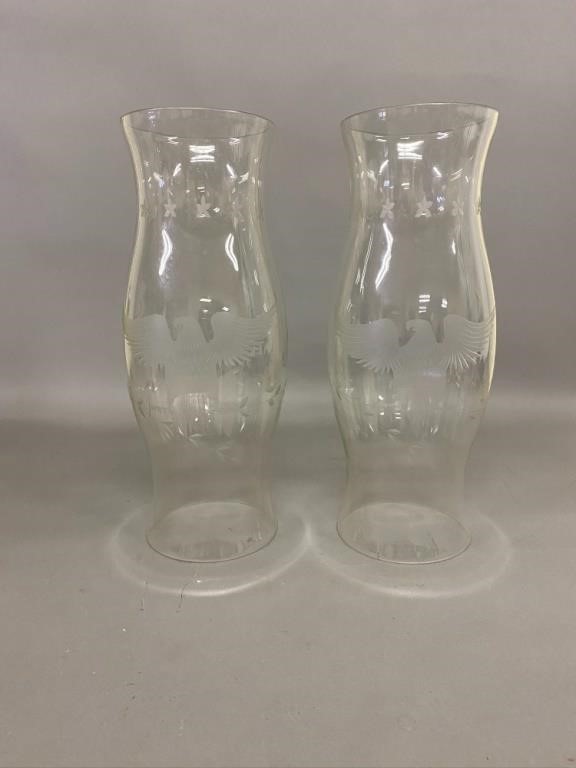 Appraisal: Pair of large glass hurricane shades with etched eagles and