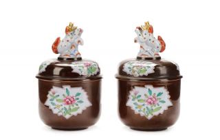 Appraisal: Pair of Herend Porcelain Jars w Foo Dogs Finials Herend