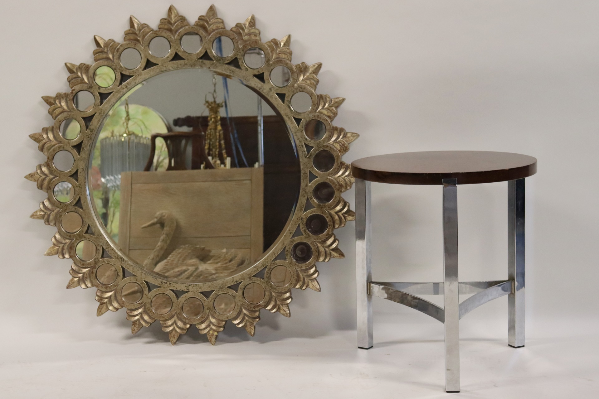 Appraisal: VINTAGE STARBURST STYLE MIRROR CHROME WOOD Table Both good quality