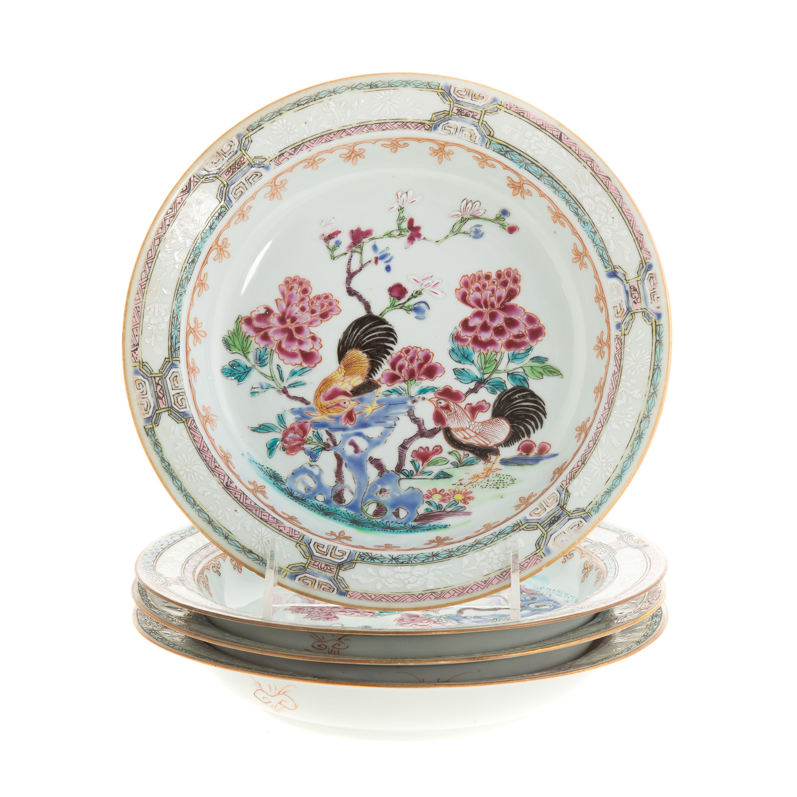 Appraisal: FOUR CHINESE EXPORT FAMILLE ROSE PLATES Yongzheng circa beautiful and