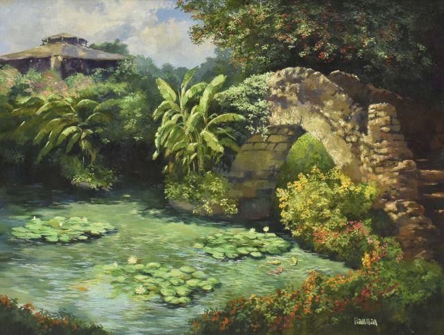 Appraisal: Framed oil on canvas painting View of Japanese Tea Garden