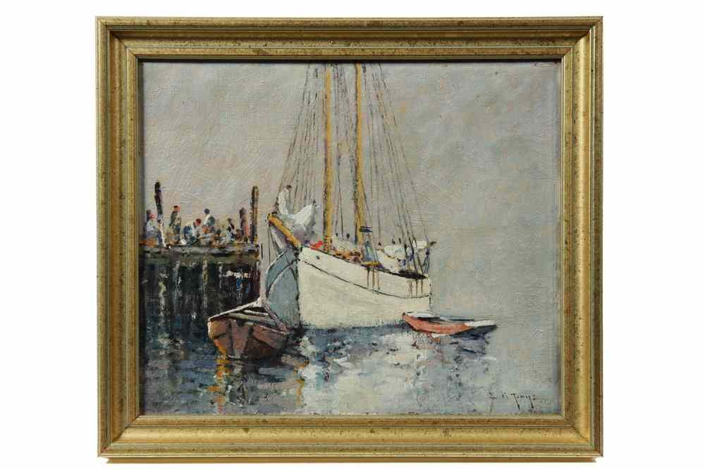 Appraisal: OOB - Schooner and Dories at Pier by Edward A