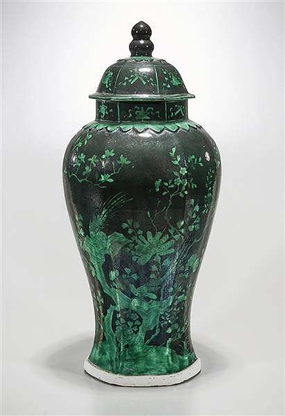 Appraisal: Tall Chinese glazed porcelain octagonal covered vase with green floral