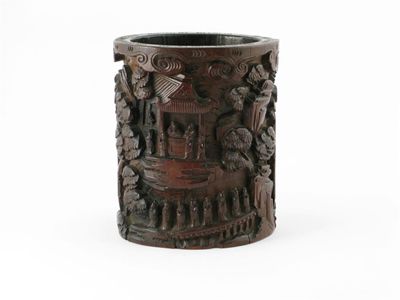 Appraisal: A Chinese bamboo brushpot each side carved in relief with