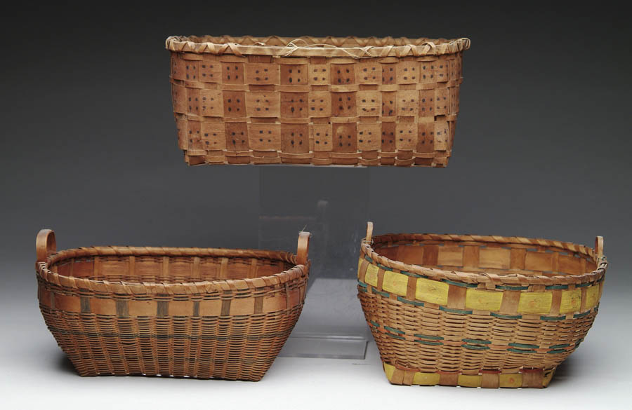 Appraisal: THREE INDIAN DECORATED BASKETS Northeast origin Rectangular spot decoration -