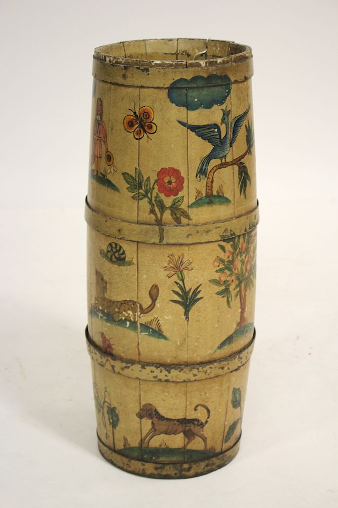 Appraisal: Painted Decorated Umbrella Stand Wood stave construction with iron banding