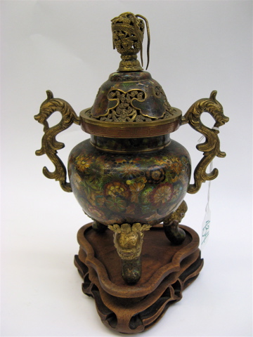 Appraisal: CHINESE CLOISONNE CENSER colorful floral decoration having gilt metal stylized