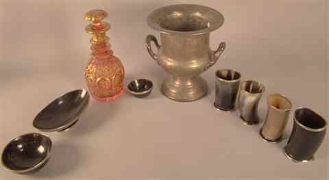 Appraisal: SEVEN HORN CUPS AND BOWLS each silvered metal-mounted together wit