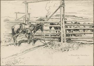 Appraisal: Joe De Yong ''At the Gate'' horses at a corral