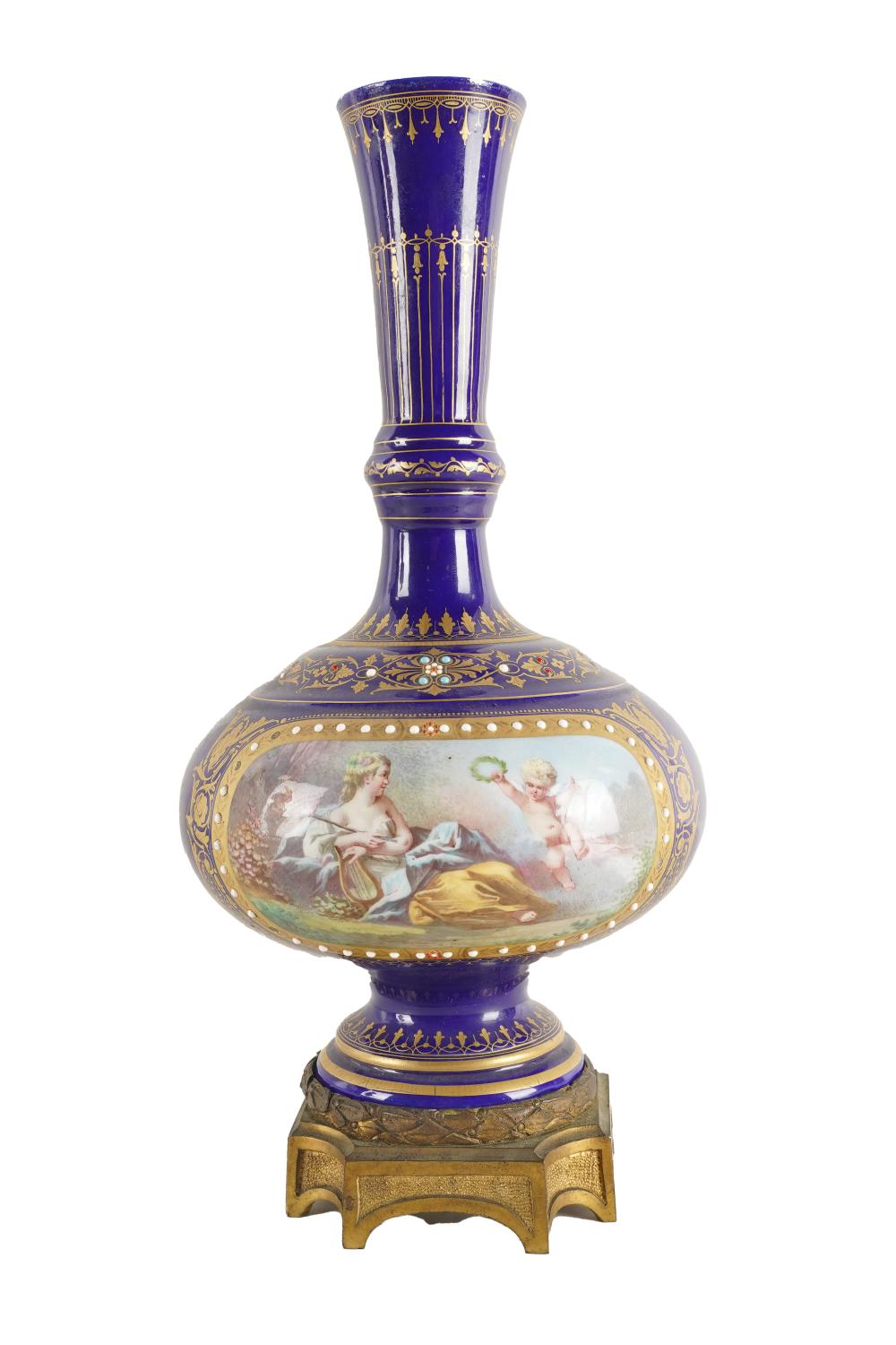 Appraisal: SEVRES-STYLE PORCELAIN VASEinterlaced L mark with gilt metal stand hand-painted