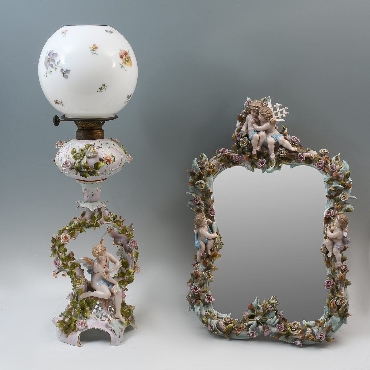 Appraisal: PC GERMAN PORCELAIN LAMP AND MIRROR Both having an overall