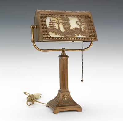 Appraisal: A Spelter Desk Lamp with Geisha Motif Squared column base