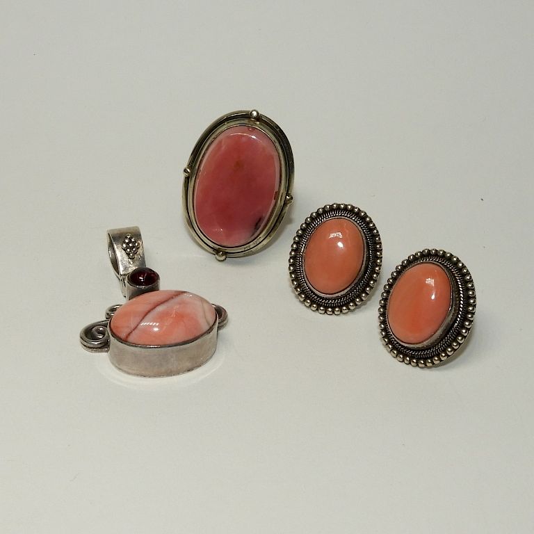 Appraisal: Sterling Silver Rhodonite Ring Earrings Pendant Brazil th Century Four