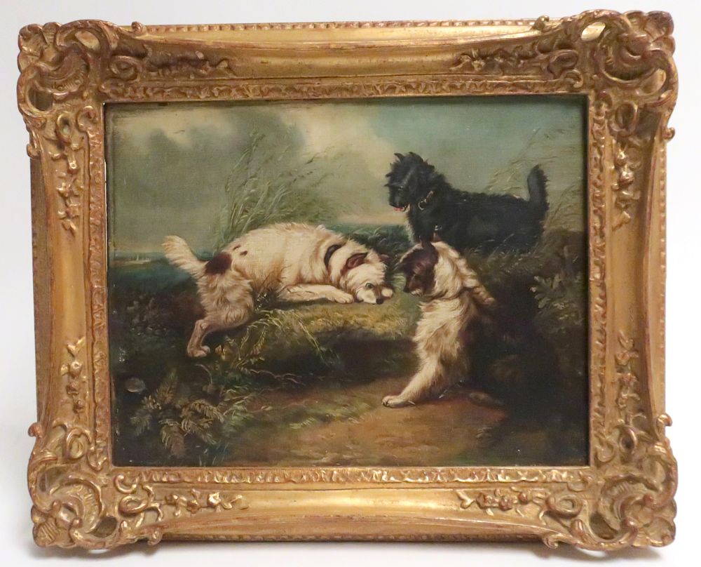 Appraisal: British Sch th c Three Cairn Terriers O C B