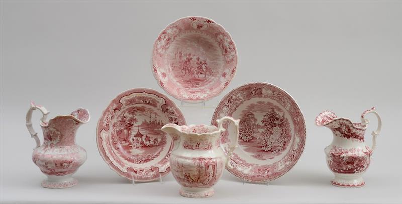 Appraisal: STAFFORDSHIRE RED TRANSFER-PRINTED EWER AND BASIN SET AND TWO ASSEMBLED