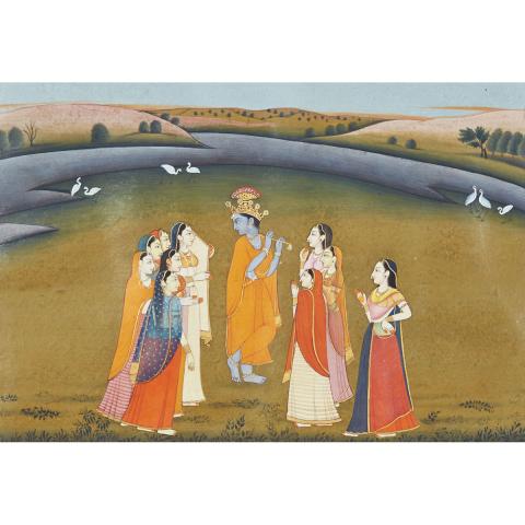 Appraisal: Kangra Guler School KRISHNA AND LADIES Tempera and gold paint