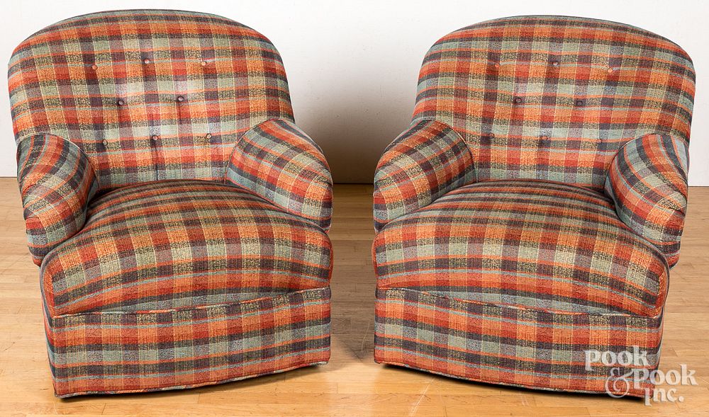 Appraisal: Pair of upholstered swivel easy chairs Pair of upholstered swivel