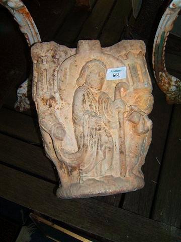 Appraisal: A French medieval style capital depicting the flight to Egypt