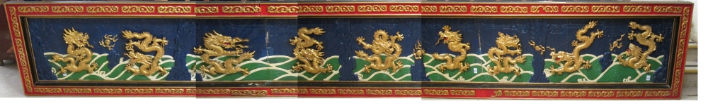 Appraisal: CHINESE CARVED AND GILDED WOOD WALL DISPLAY a horizontal assembly