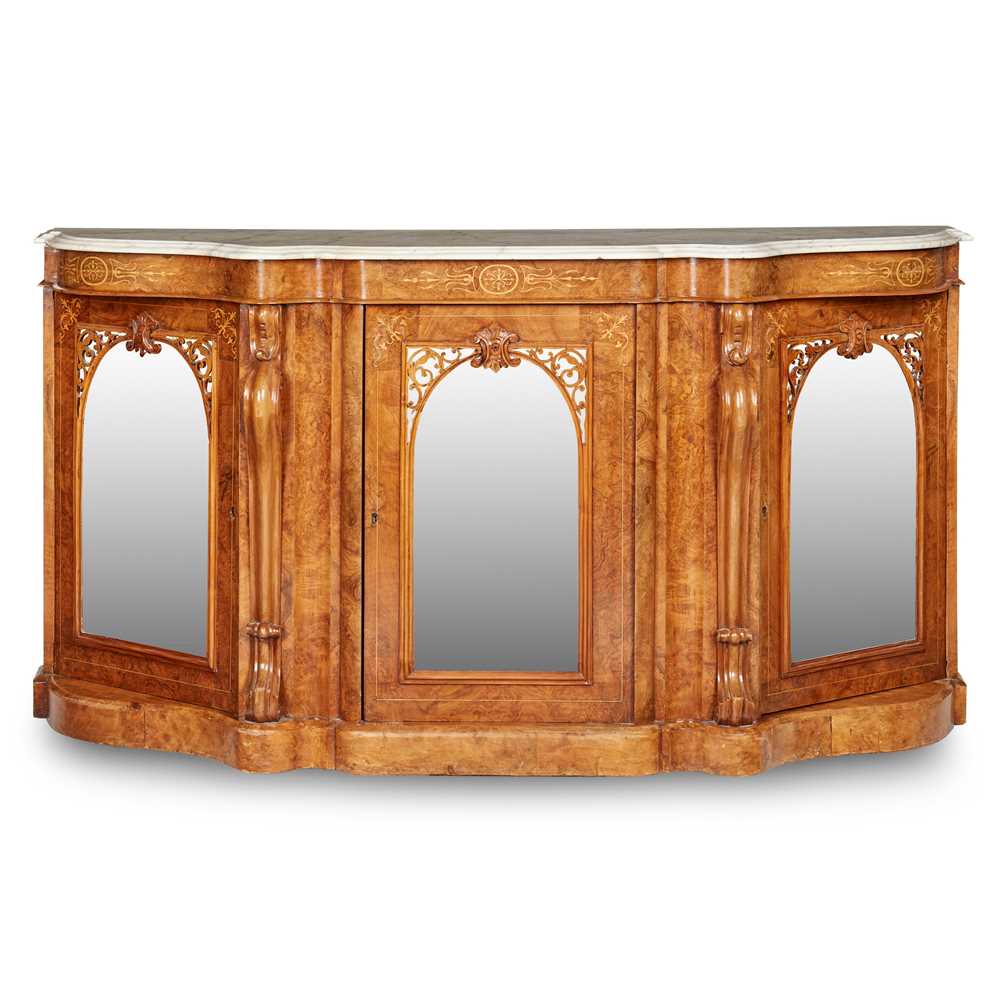 Appraisal: VICTORIAN WALNUT AND INLAID MARBLE TOPPED CREDENZA TH CENTURY the