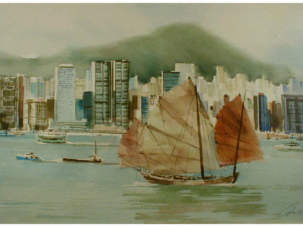 Appraisal: Chuen Watercolour of sailing boats in a city harbour