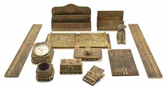 Appraisal: An Assembled Tiffany Studios Bronze Desk Set comprising blotter ends