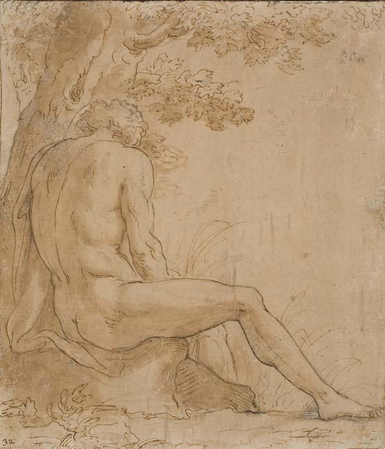 Appraisal: BOLOGNESE SCHOOL TH-CENTURY A Landscape with a Seated Male Nude