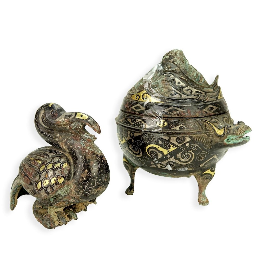 Appraisal: Chinese Bronze Tableware Two Chinese Archaic Style Mixed Metal Bronze