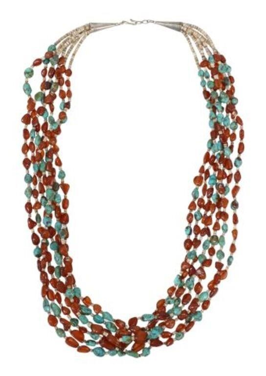 Appraisal: Southwest multi-strand beaded necklace seven strands featuring turquoise amber-colored beads