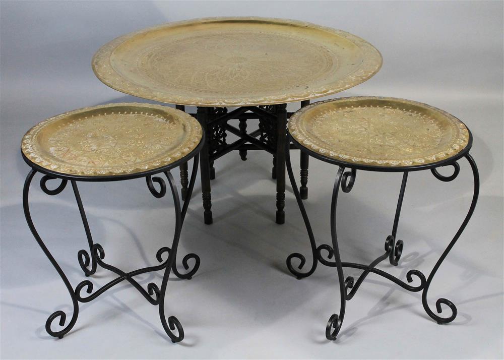 Appraisal: LARGE BRASS MOROCCAN TRAY TABLE WITH TWO SIDE TABLES the