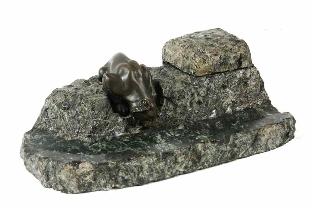 Appraisal: BRONZE GRANITE INKWELL - Bronze Lioness Drinking from Granite Stream