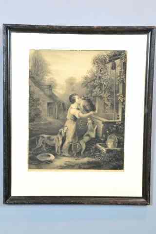 Appraisal: ENGRAVING LANDSCAPE WITH BOYA boy drinking water from a well