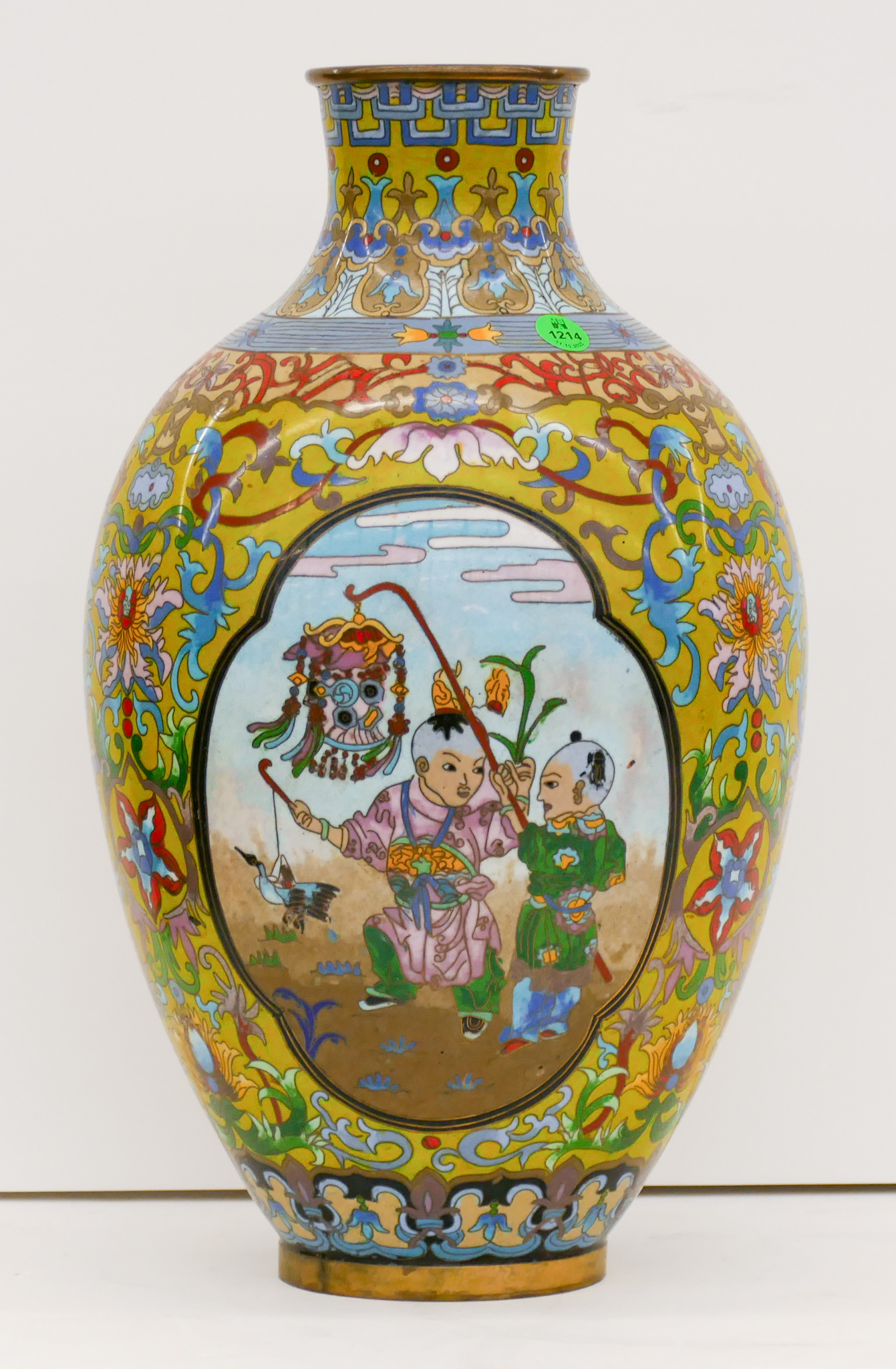 Appraisal: Chinese Large Cloisonne Children Vase '' - Slight dent to