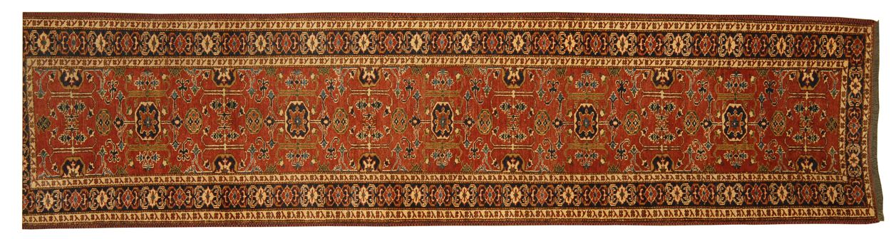 Appraisal: ORIENTAL RUG KAZAK DESIGN RUNNER ' x ' Geometric medallions