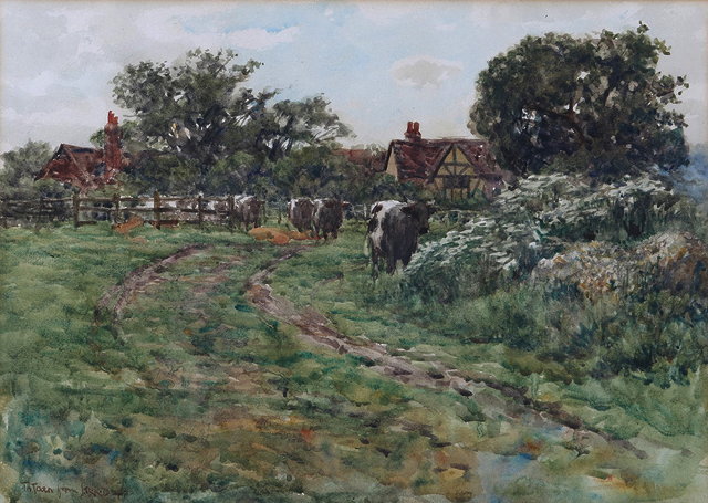 Appraisal: JOHN ROBERT KEITLEY DUFF - A country farmstead with cattle