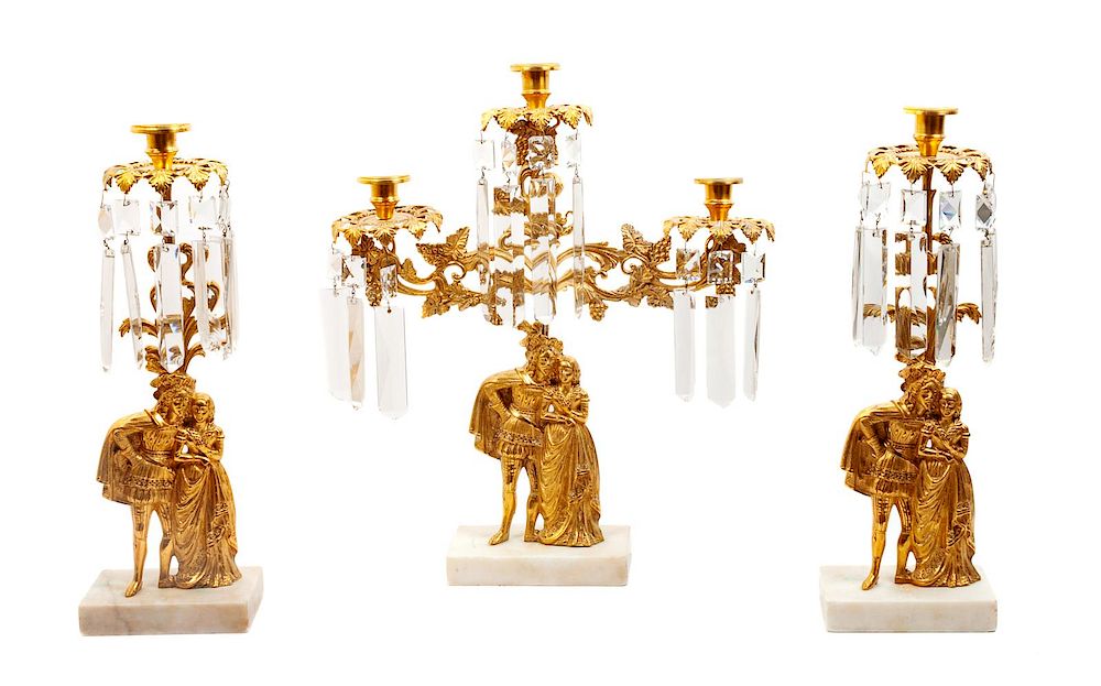 Appraisal: French Three Piece Gilt Metal Glass and Alabaster Garniture largest