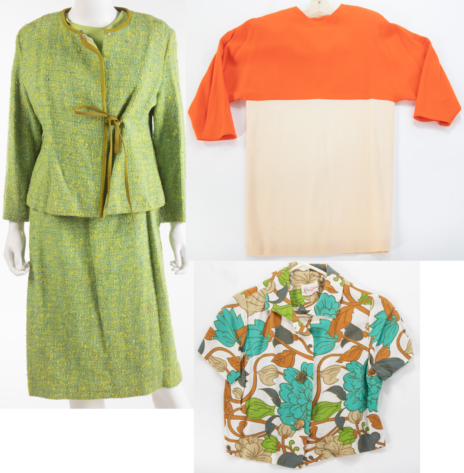 Appraisal: THREE PIECES VINTAGE CLOTHING including chartreuse Phyllis suit orange Adele