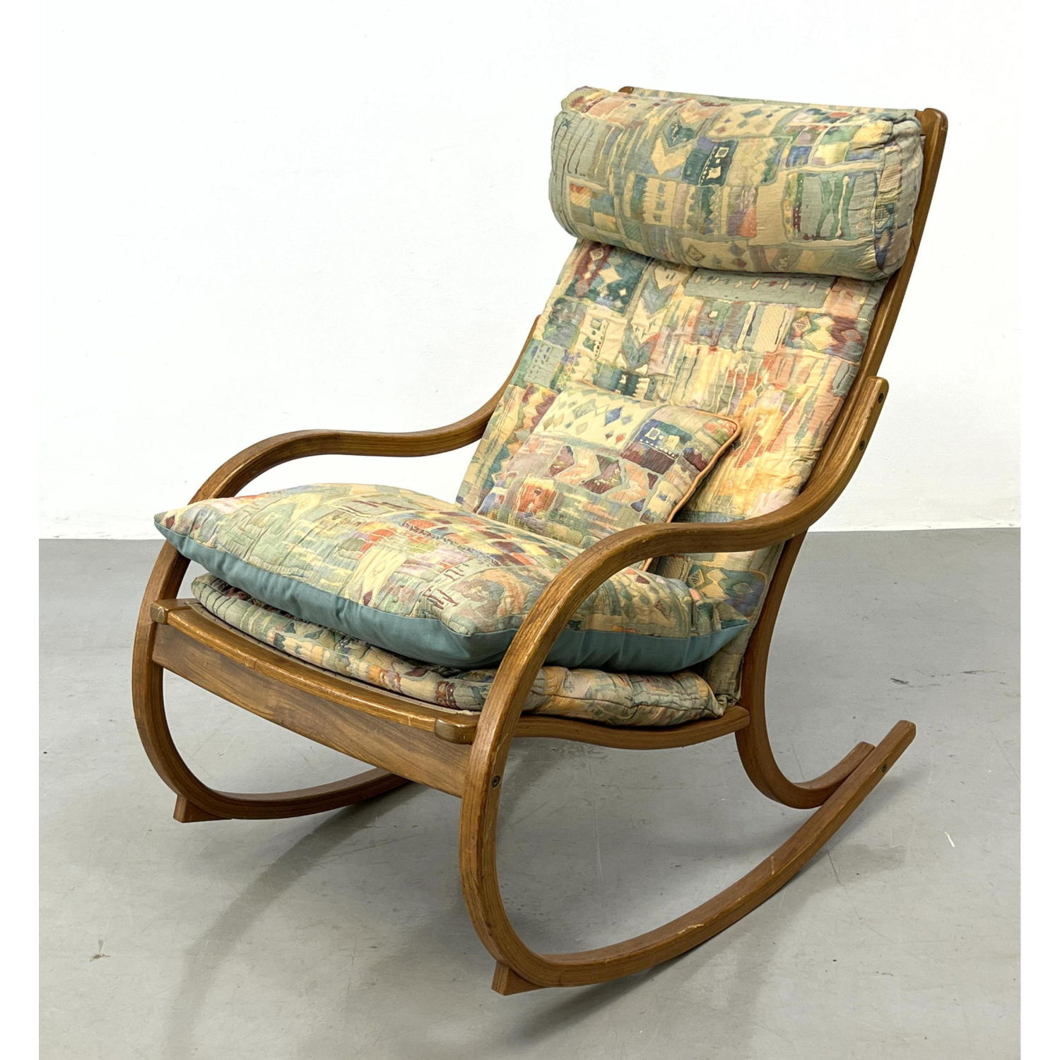 Appraisal: Modernist Wood Rocker Rocking Chair Bowed rockers Patterned fabric Dimensions