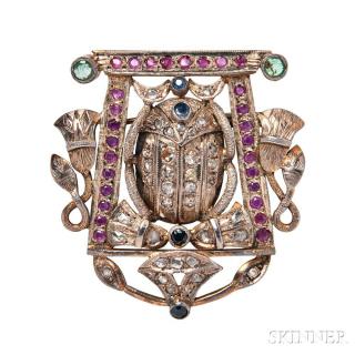 Appraisal: Egyptian Revival Gem-set Brooch designed with a scarab flanked by