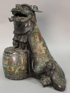 Appraisal: Chinese champleve enameled and bronze foo dog figural censor in