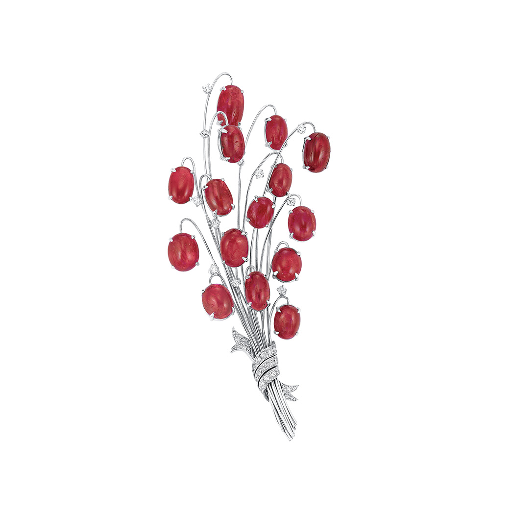 Appraisal: White Gold Platinum Cabochon Ruby and Diamond Bouquet Clip-Brooch Attributed