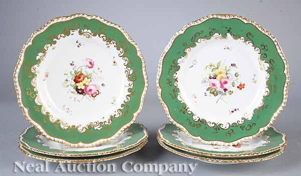 Appraisal: Six English Porcelain Dessert Plates c apple green and gilt